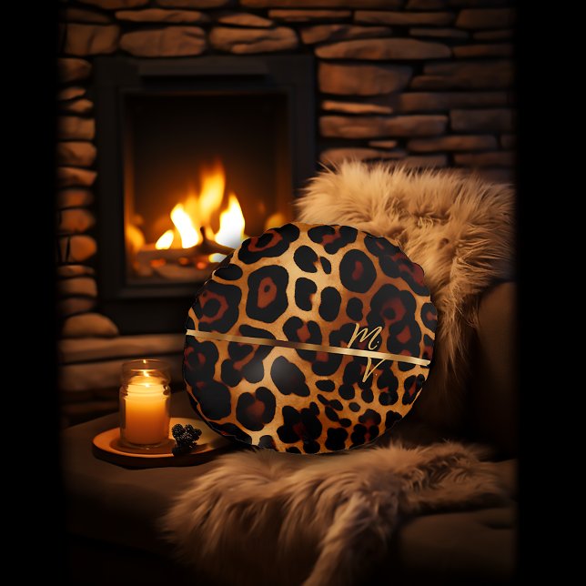 Cojín Redondo Monogramado de moda Leopard Print y Gold (Stylish Luxe Leopard-Print Decorative Throw Pillow )
