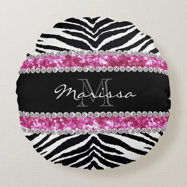 Cojín Redondo Monogrammed Faux Purpurina Bling Diamante de imita (Anverso)