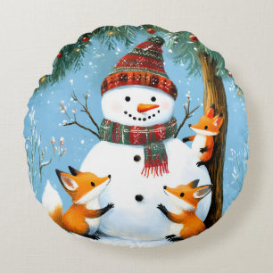 Cojín Redondo Monos y muñeco de nieve adorables del bosque inver