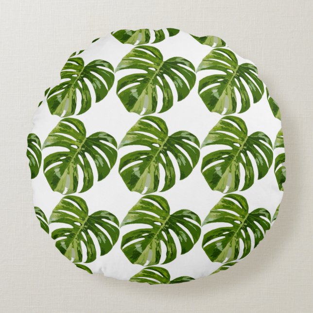 Cojín Redondo Monstera Albo Leaf Pillow — Botanical Home Decor (Anverso)
