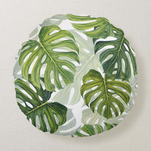 Cojín Redondo Monstera verde acuarela tropical (Anverso)