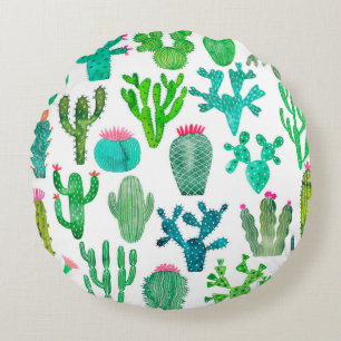 Cojín Redondo Montaje de cactus acuarela, ilustra la flor de cac
