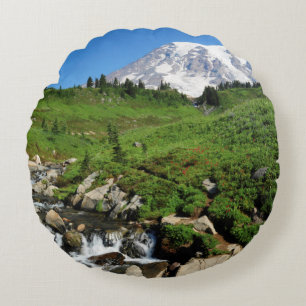 Cojín Redondo Monte Rainier, cascada, cubierta de nieve