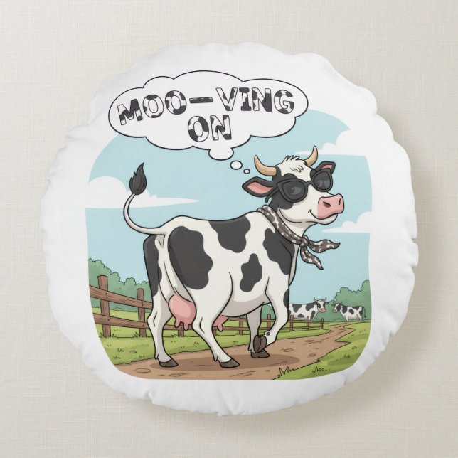 Cojín Redondo "Moo-ving On" Cow - Funny & Stylish Farm Humor! (Anverso)