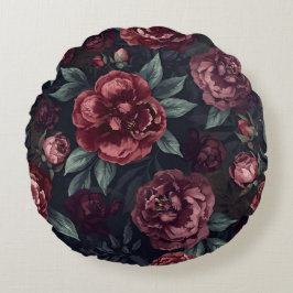Cojín Redondo Moody Florals Watercolor Dark Red Pattern
