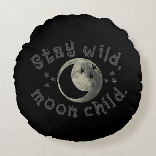 Cojín Redondo Moon Child Stay Wild Cita Estrellas Negras Crecien (Anverso)