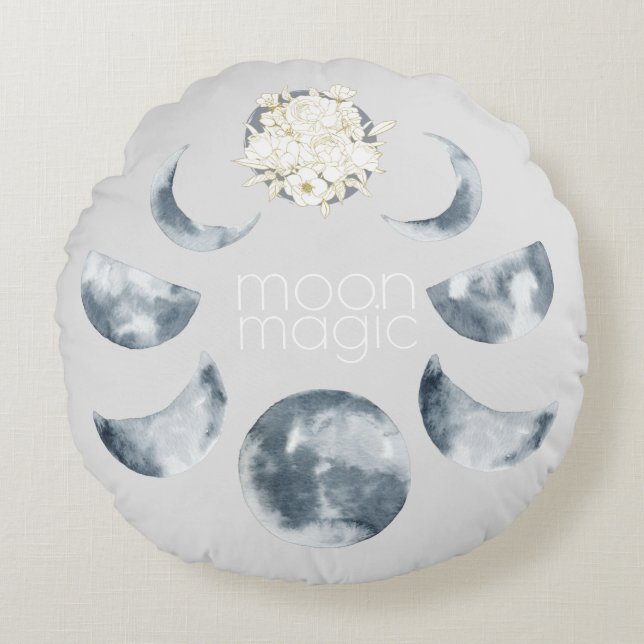Cojín Redondo Moon Magic Moon Phase & Floral Pattern (Anverso)