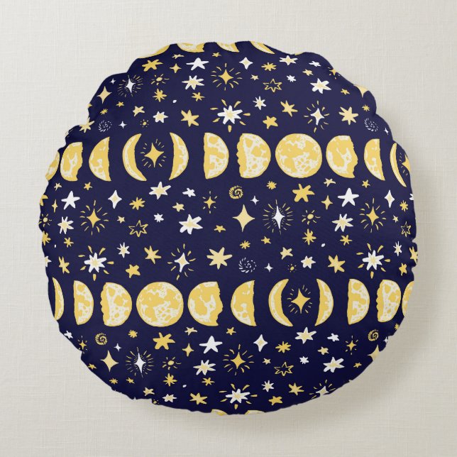 Cojín Redondo Moon Phases Stars Vintage Background (Anverso)