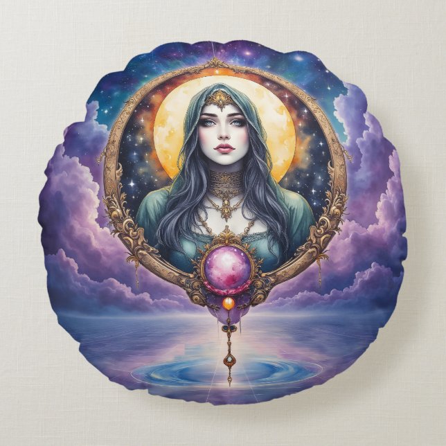 Cojín Redondo Moonbound Dreamkeeper – Guardian of the Night.   (Anverso)