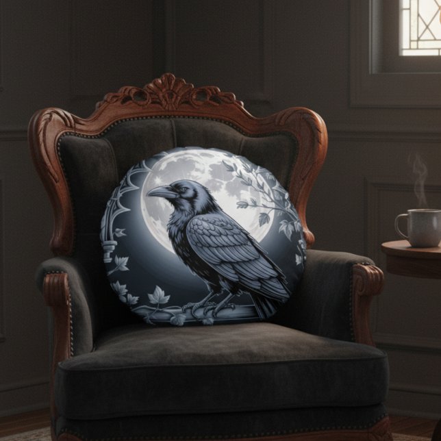 Cojín Redondo Moonlight Raven Goth Throw Pillow (Black raven throw pillow)
