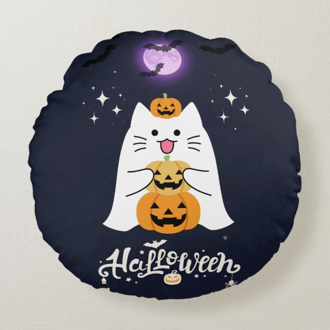 Cojín Redondo Moonlit Halloween Cat – Spooky & Sweet Night (Anverso)