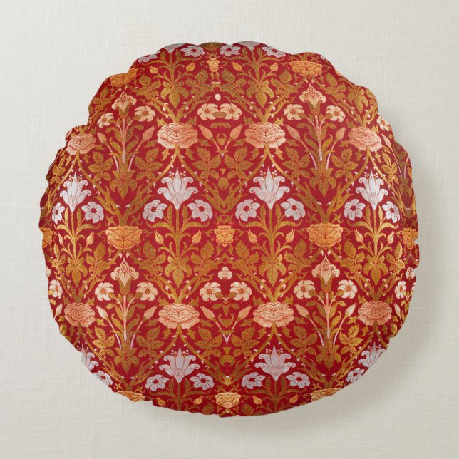 Cojín Redondo Morris - Patrón de flores Rosa y Lily de la época  (Anverso)