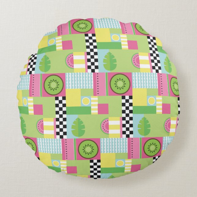 Cojín Redondo Mosaico amarillo verde rosa de la fruta de verano  (Anverso)