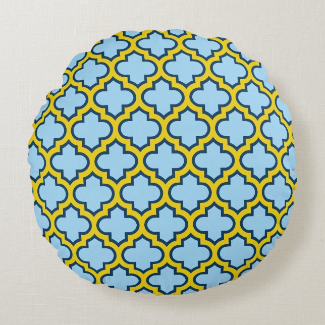 Cojín Redondo Mosaico azul y amarillo, Entramado, Quatrefoil (Anverso)