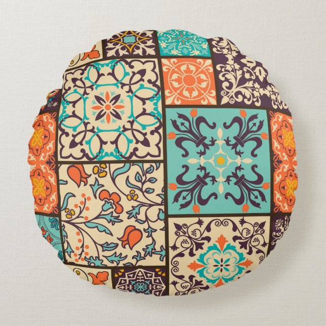 Cojín Redondo Mosaico colorido de mosaico de mosaicos islámicos (Anverso)