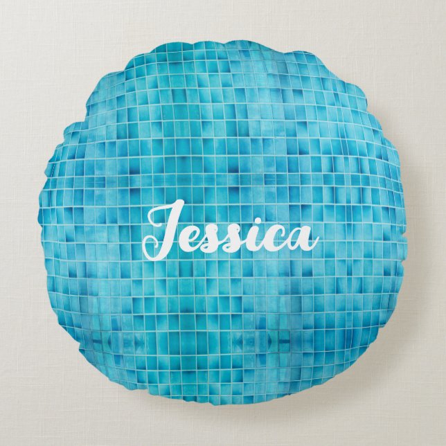 Cojín Redondo mosaico de azulejos de vidrio azul (Anverso)