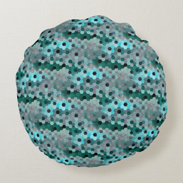 Cojín Redondo Mosaico de hexagones o cubos en tonos de cian a gr (Reverso)