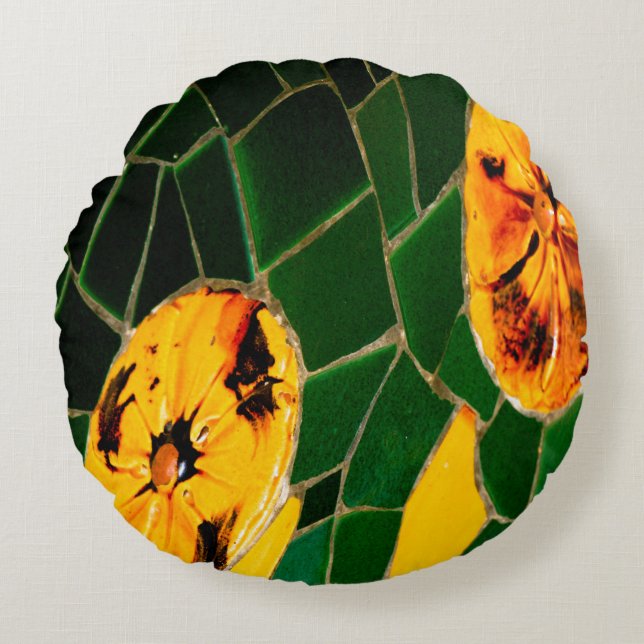 Cojín Redondo Mosaico Español Verde y Amarillo (Anverso)