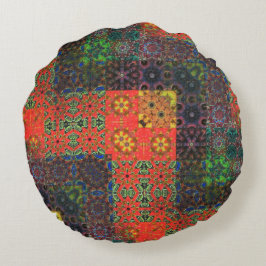 Cojín Redondo Mosaico kaleidoscopio entre verde y coral y marrón