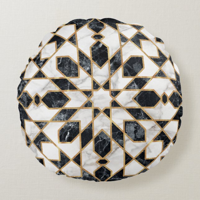 Cojín Redondo Mosaico marroquí de mármol blanco y negro (Anverso)