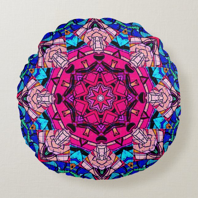 Cojín Redondo Mosaico rosa Mandala Floral Psicodélico Retro (Anverso)
