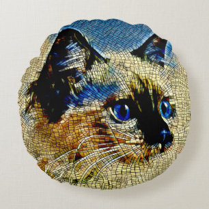 Cojín Redondo Mosaicos de gato siameses de ojos azules
