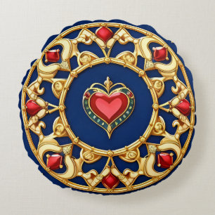Cojín Redondo Motivo de corazón con marco dorado y diseño orname