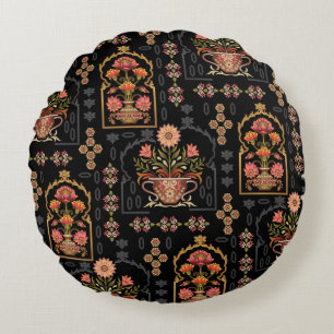 Cojín Redondo Motivo floral mogol: negro sin foco.