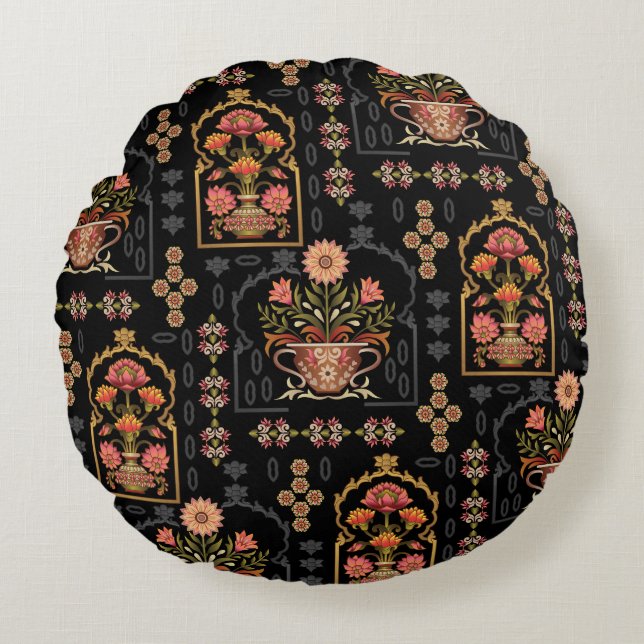 Cojín Redondo Motivo floral mogol: negro sin foco. (Anverso)