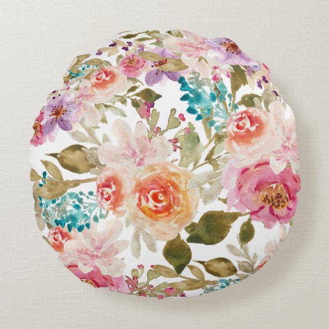 Cojín Redondo Motivos florales en acuarela (Anverso)