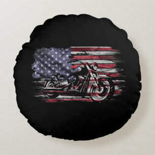 Cojín Redondo Motocicleta Vintage EEUU Bandera Retro Biker, Moto