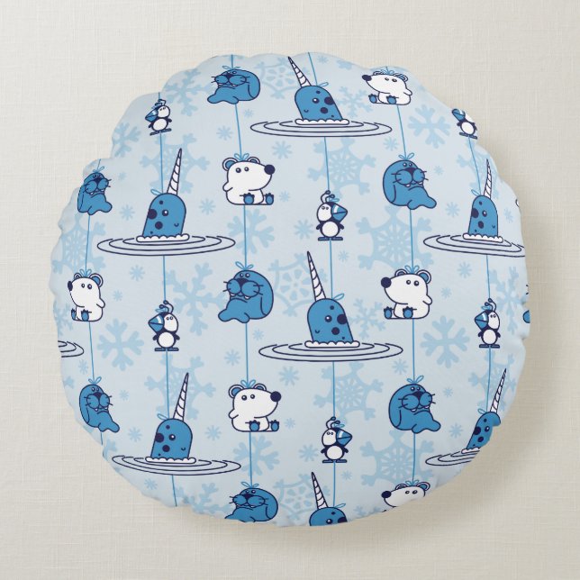 Cojín Redondo Mr. Narwhal Blue Snowflake Pattern (Anverso)