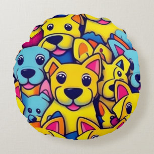Cojín Redondo Muchos perros amarillos felices