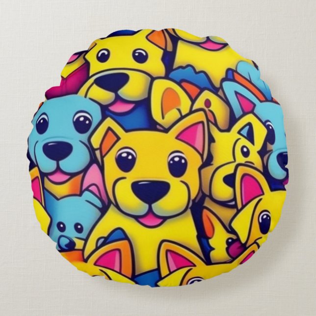 Cojín Redondo Muchos perros amarillos felices (Anverso)