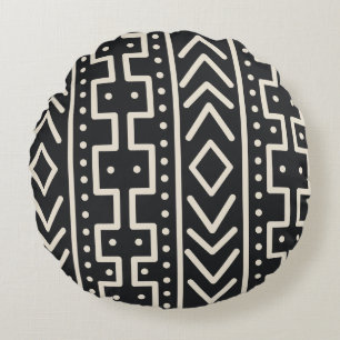 Cojín Redondo Mudcloth inspirado en marfil y carbón Tribal mod
