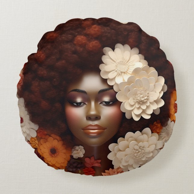 Cojín Redondo Mujer afroamericana Reina negra Melanin Poppin (Anverso)