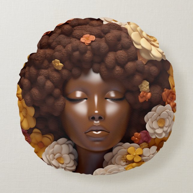Cojín Redondo Mujer afroamericana Reina negra Melanin Poppin (Anverso)