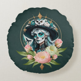 Cojín Redondo Mujer asombrosa con un impresionante maquillaje de