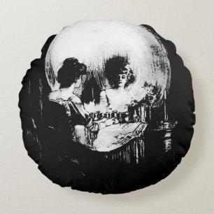 Cojín Redondo Mujer con reflejo de calavera de Halloween en el e