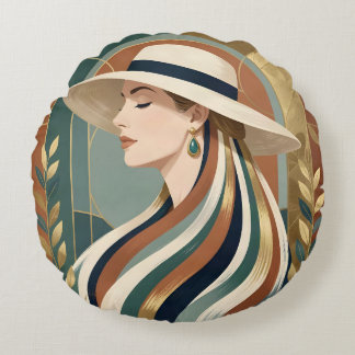 Cojín Redondo Mujer con sombrero de sol art déco