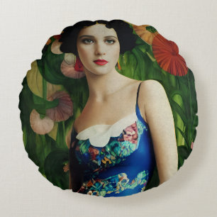 Cojín Redondo Mujer de estilo Art Déco elegante con grandes flor
