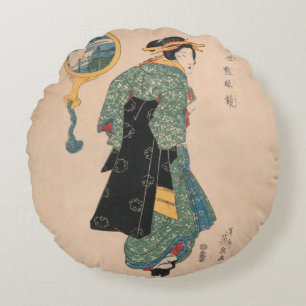 Cojín Redondo Mujer de kimono japonés antiguo Ukiyo-e grabado en