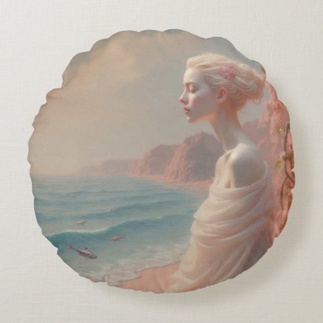 Cojín Redondo Mujer etérea en una playa de ensueño (Anverso)