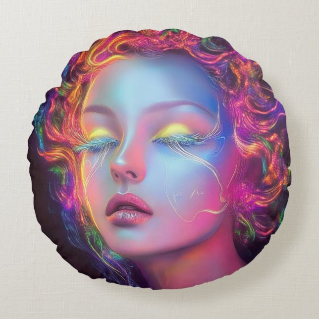 Cojín Redondo Mujer extranjera con pelo cósmico (Anverso)