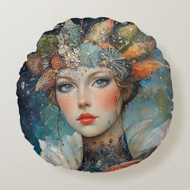 Cojín Redondo Mujer fuerte de fantasía mística (Anverso)