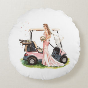 Cojín Redondo Mujer golfista y carrito rosa Despedida de soltera