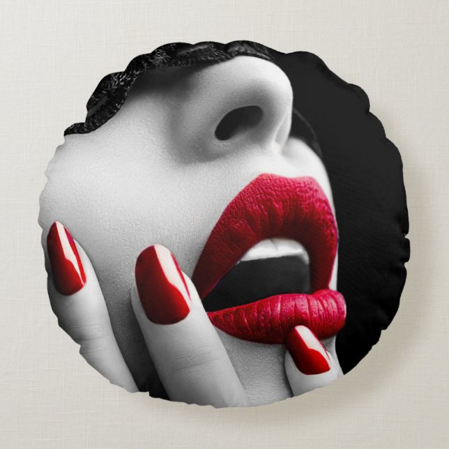 Cojín Redondo Mujer hermosa con máscara de encaje negro (Anverso)