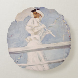 Cojín Redondo Mujer joven con un parasol en un embarcadero