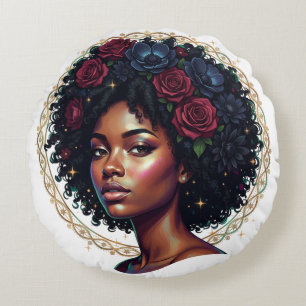 Cojín Redondo Mujer Negra Flores Afros