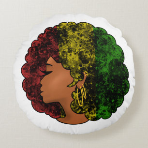 Cojín Redondo Mujer negra rasta afro rojo amarillo verde